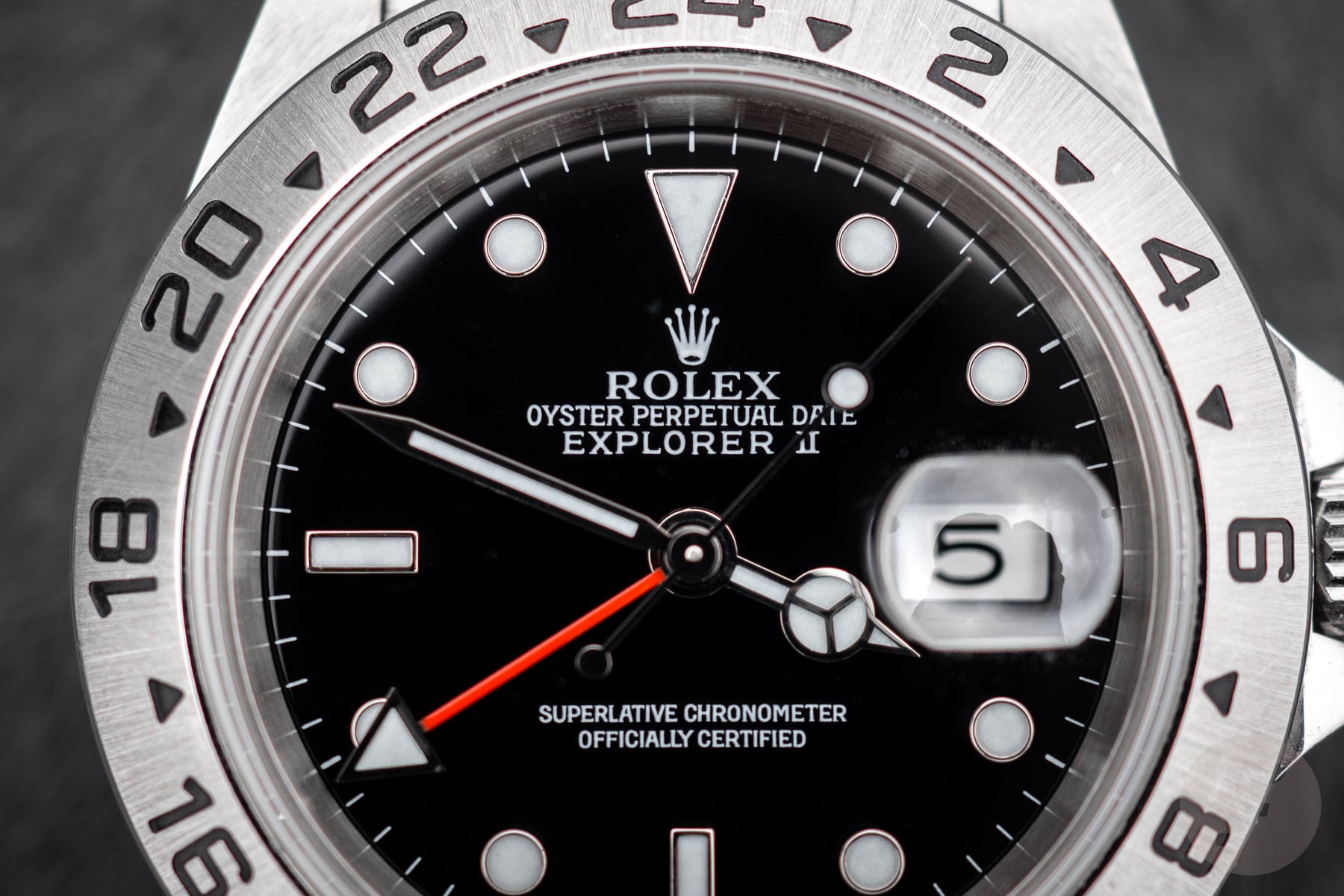 Rolex Explorer II ref. 16570 on the wrist — black dial, 40 mm × 12.2 mm geometry.