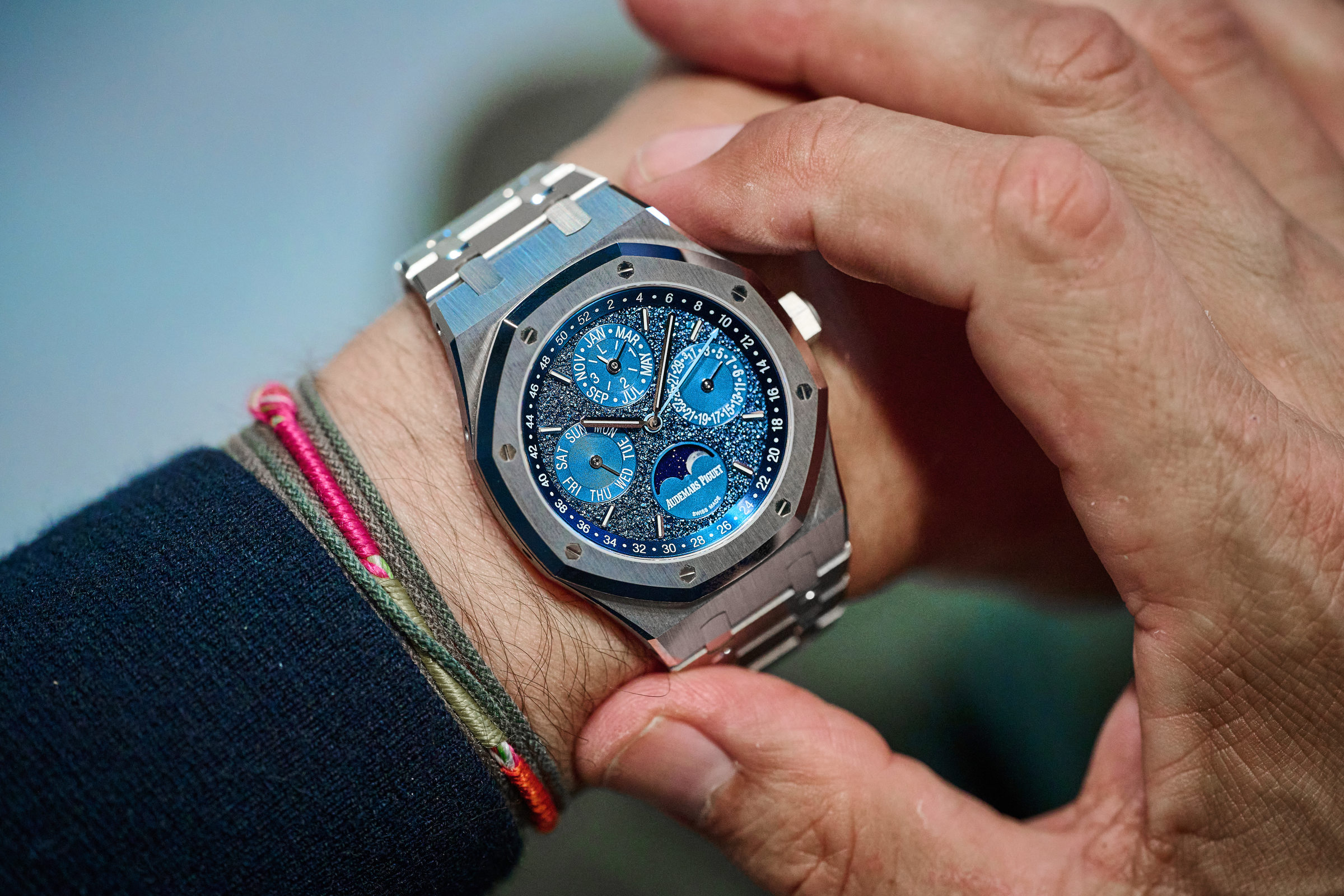 Audemars Piguet Royal Oak Perpetual Calendar ref. 26574BC, white gold, blue 'Tuscan' dial, designed with John Mayer, on the wrist.