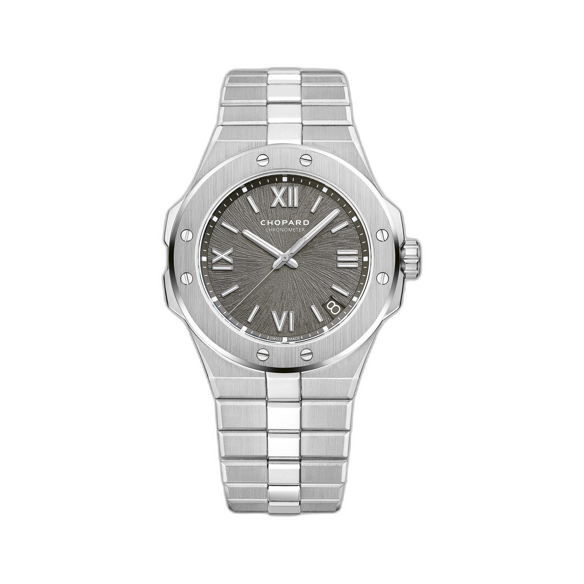 Chopard Alpine Eagle 41 ref. 298600-3002 in Lucent Steel with grey iris-textured dial and integrated steel bracelet.