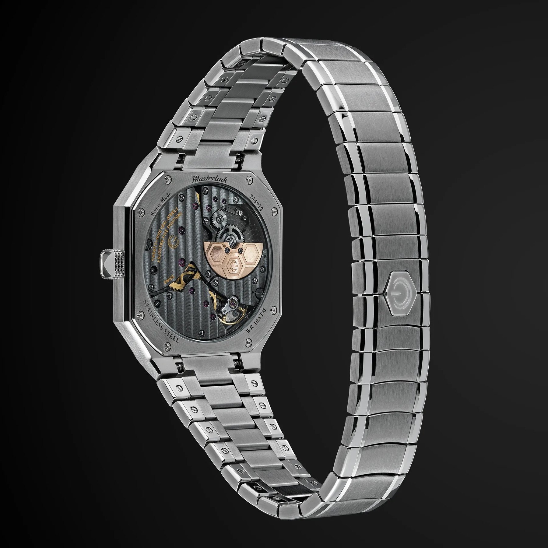 Caseback of the Gerald Charles Masterlink ref. ML1.0-A-01 showing the Vaucher-built caliber GCA 5401 micro-rotor automatic.