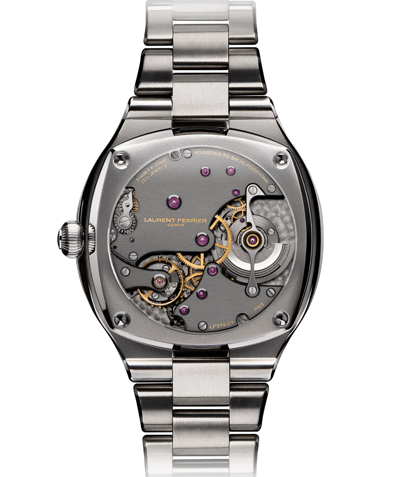 Caseback of the Laurent Ferrier Sport Auto ref. LCF040.TI.C1GC5 showing the LF270.01 automatic micro-rotor caliber with 950 platinum oscillating weight.