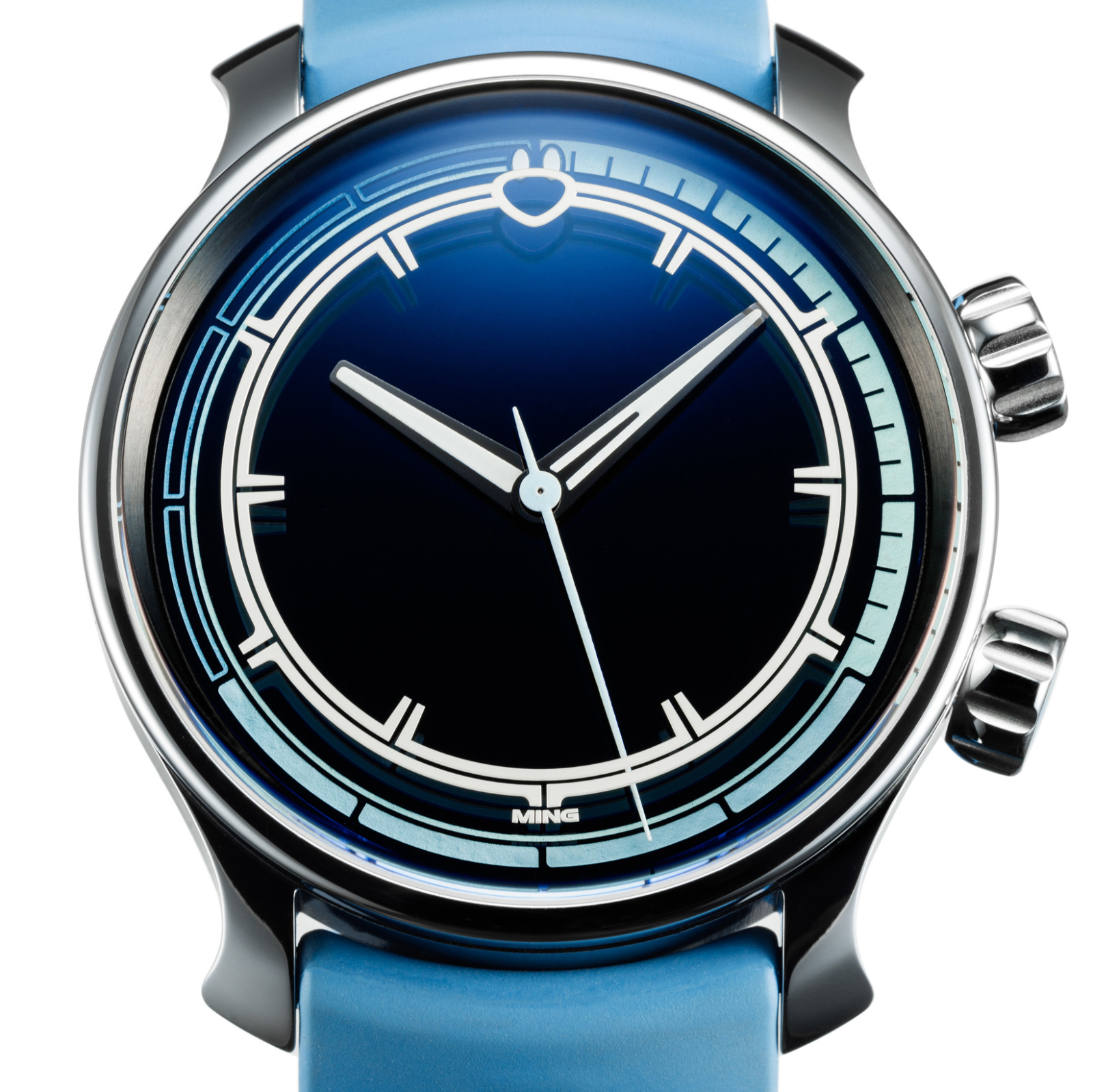 Ming 17 series in titanium with blue dial and lume ring etched into the underside of the crystal.