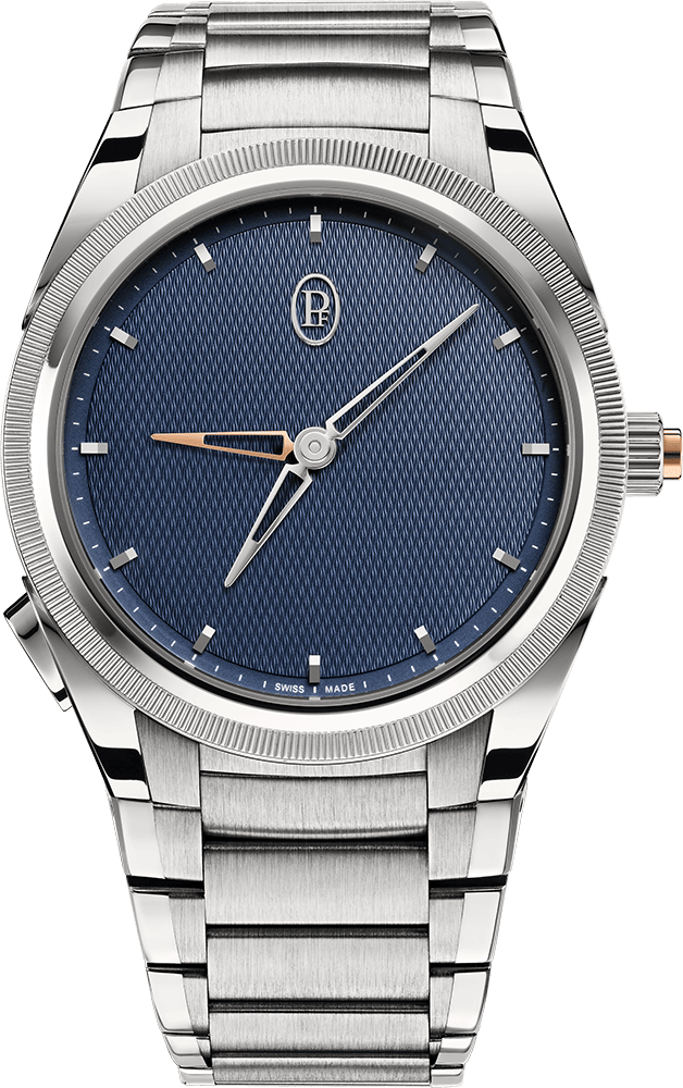 Parmigiani Fleurier Tonda PF GMT Rattrapante in steel with fluted platinum bezel and Milanese blue Grain d'Orge guilloché dial.