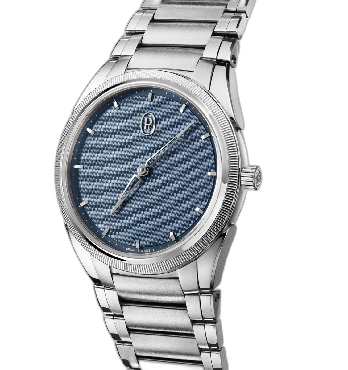 Parmigiani Fleurier Tonda PF Automatic ref. PFC804-1020005-100182 in steel with hand-knurled platinum bezel and hand-guilloché Grain d'Orge dial.