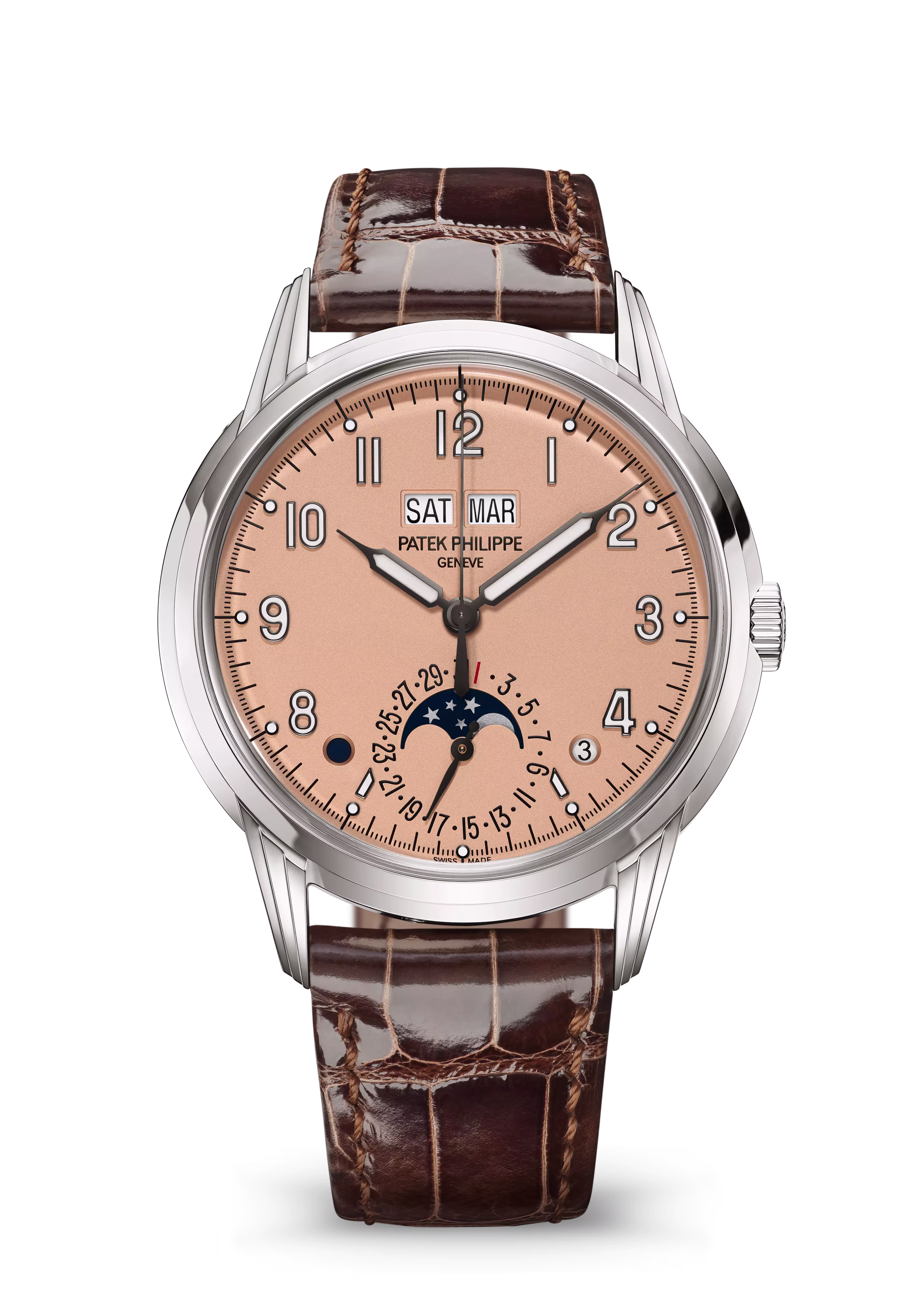 Patek Philippe Perpetual Calendar ref. 5320G-011 in white gold with salmon opaline dial, in-line day and month apertures, and moonphase at 6 o'clock.